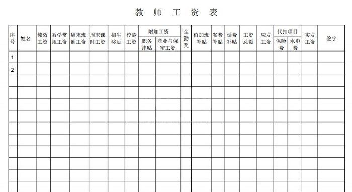 教师工资表Excel模板 免费版