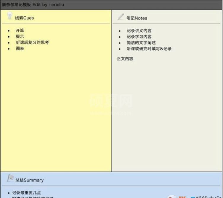 【康奈尔笔记法模板下载】康奈尔大学笔记法模板(5r笔记法)Word版
